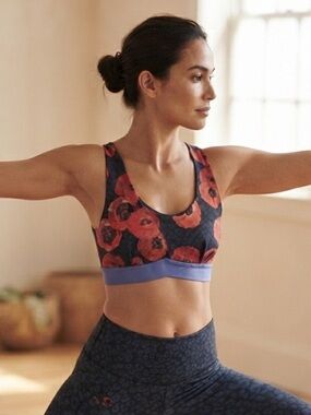 JoyLab Black Sports Bra with Red Poppy Print and Blue Band